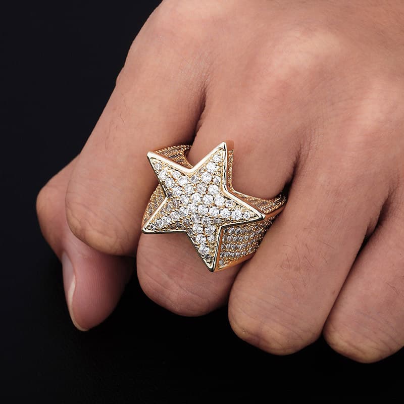 Ins Hot Five Pointed Star Ring Full Of Zircon Hip Hop Men's Trendy Ring Gold Jewelry