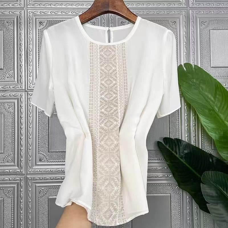 Women's round neck short sleeve straight tube mulberry silk top