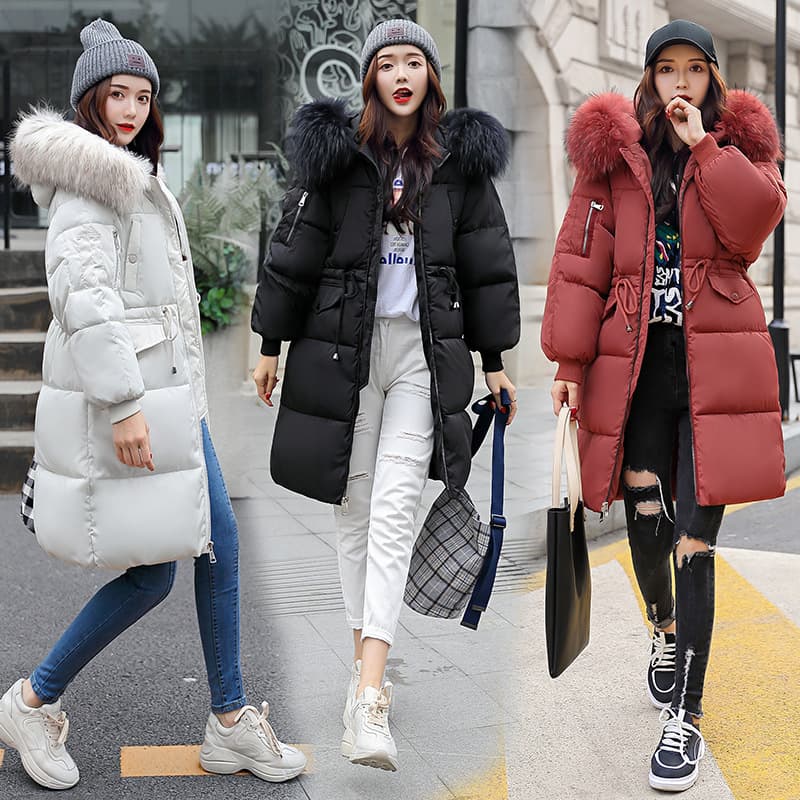 Women's Clothing Warm jacket Cotton Jacket Women's Medium Length Puffer Jacket Large Fur Collar Cotton Jacket Thick Cotton Jacket