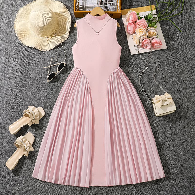 Girls' Elegant Pleated Patchwork Dress With Waist Support Stand Collar Style Summer New Popular Dress For Young Girls 8-16 Years