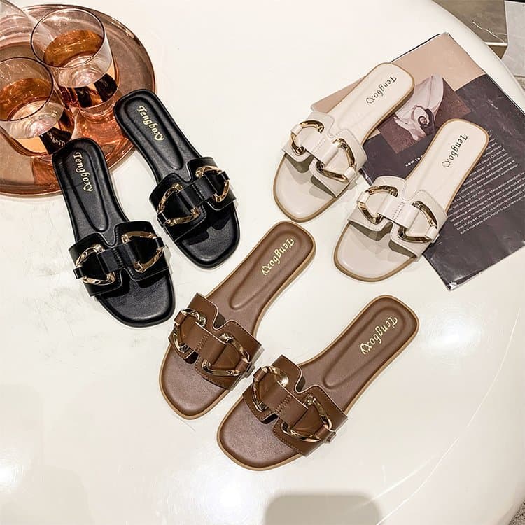 Women's Plus Size Slippers Summer Wear Metal Buckle Soft Sole One Strap Square Toe Sandals