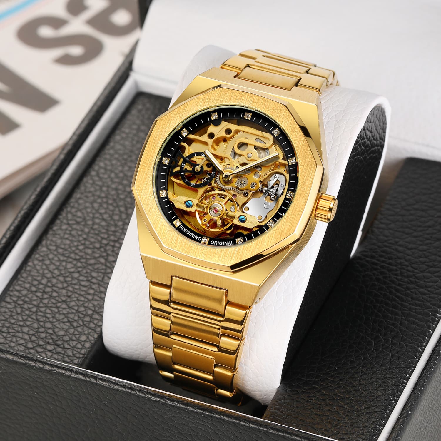 Men's Leisure Hollow Watch Automatic Flywheel Mechanical Watch Rhinestone For Men