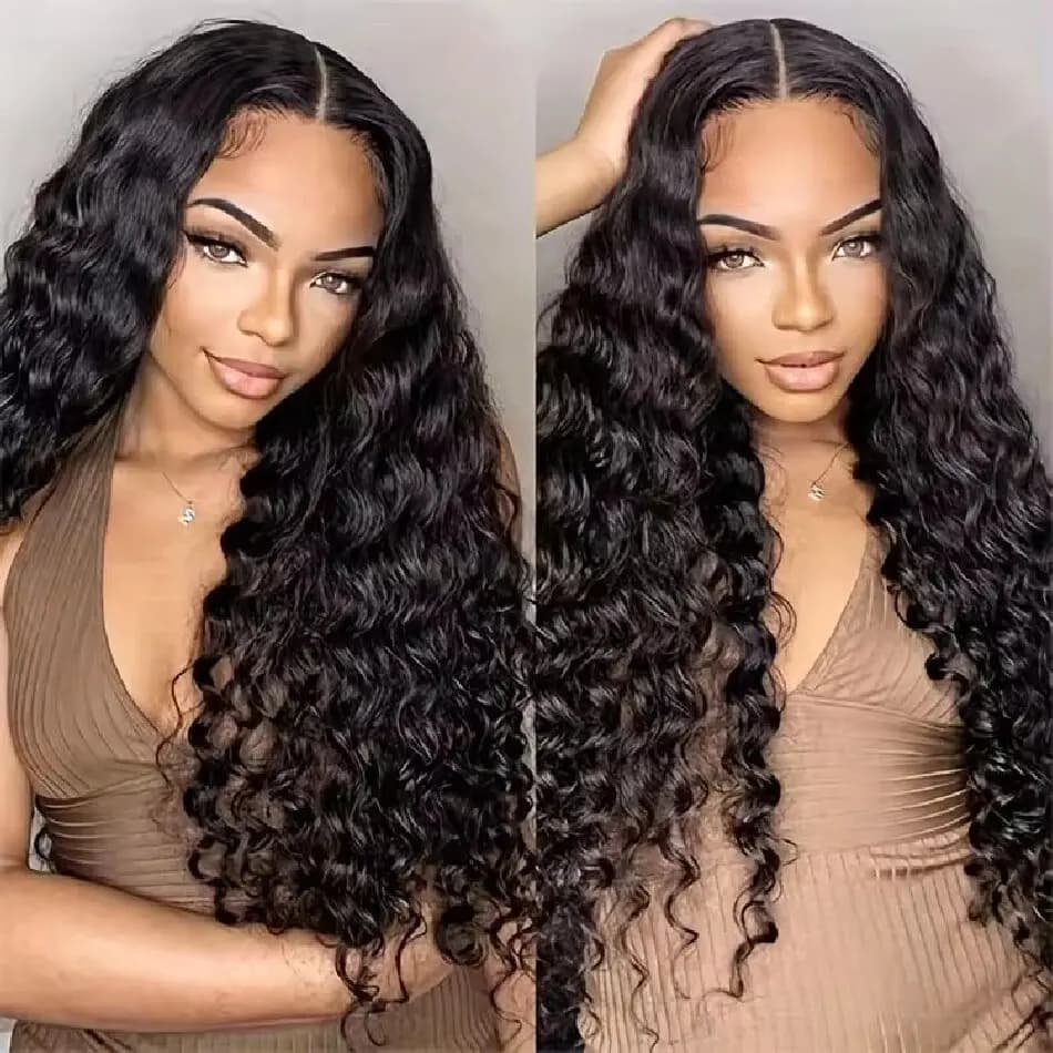 Glueless Natural Black Virgin Human Hair Wigs Pre Pluck Curly 5x5 Deep Wave Lace Front Wigs