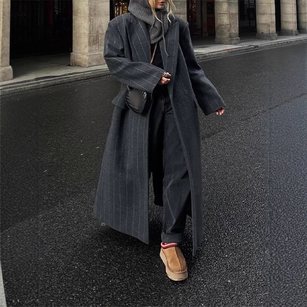 Women's Clothing Long Button Gray Striped Coat Lapel Loose Temperament Pocket Commuter Jacket