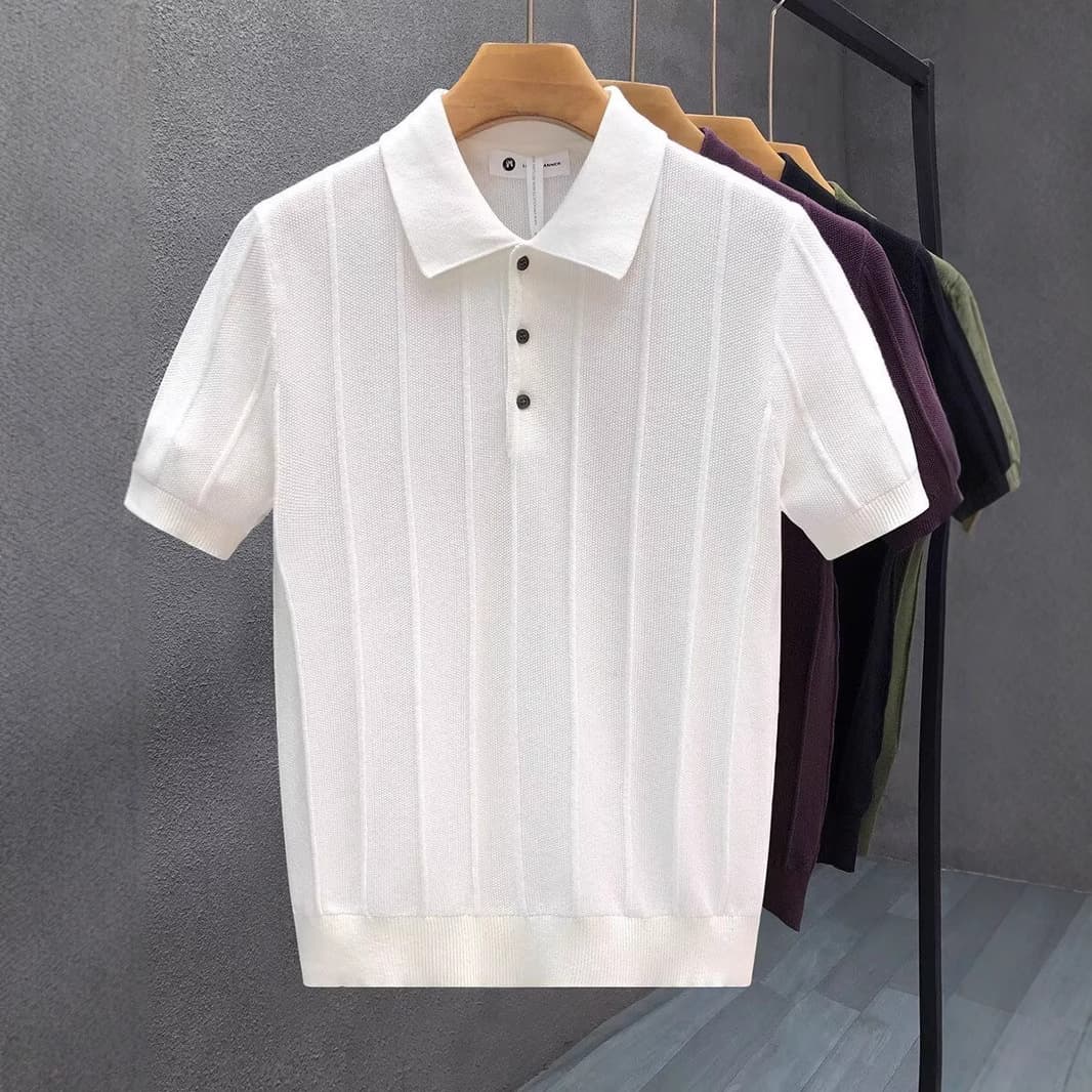 Men's Clothing Men's Knitted Short Sleeve Shirt Hollow Out Sexy Half Sleeve Striped Style Trendy Collared T-Shirt Summer