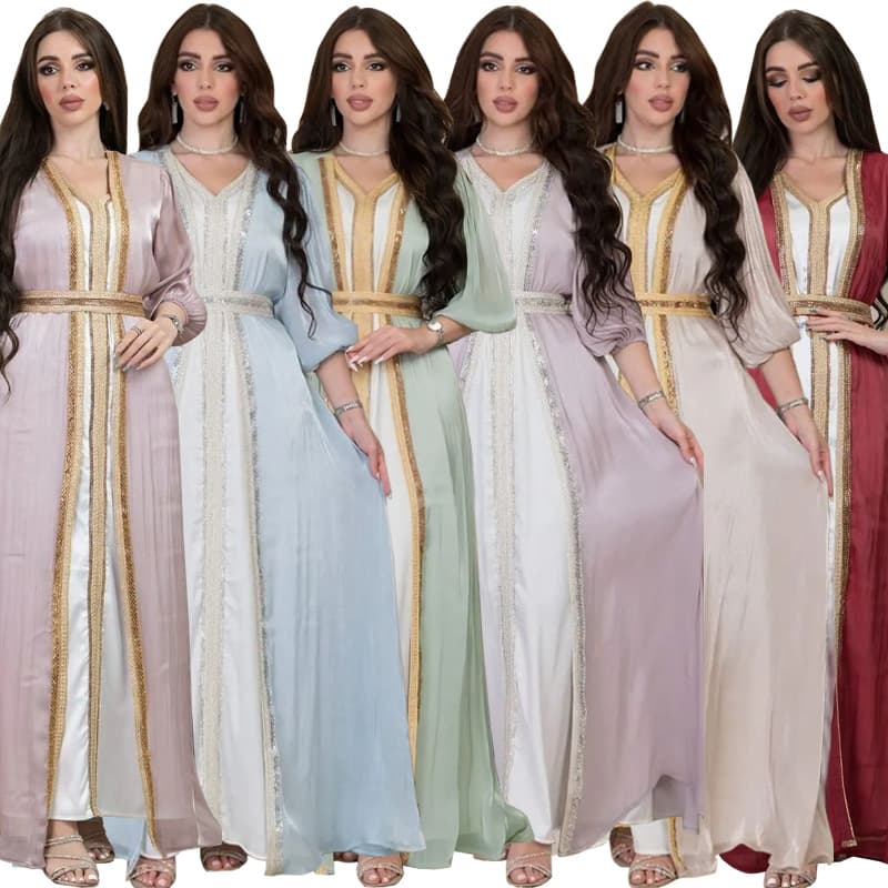 Women's Clothing Diamond Luxury Dress Abaya Suit Shiny Silk Satin Three Piece Dress