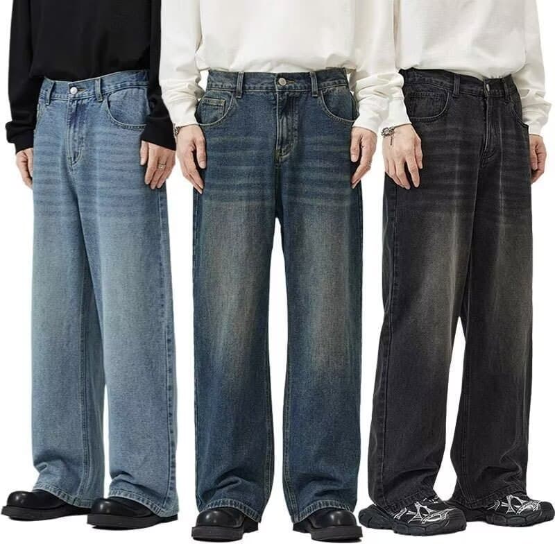 ​​"Men's Vintage Washed Straight-Leg Jeans – Korean Streetwear Loose Fit Denim Pants (S-XXXL, Light Blue/Black/Vintage Wash)"​​