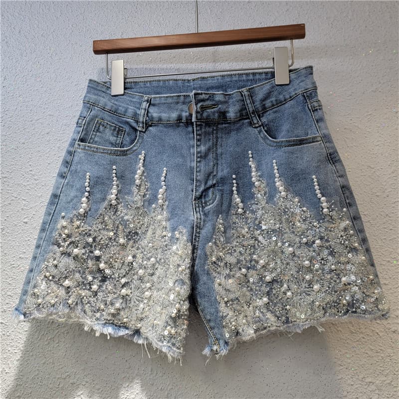 Women's Clothing New Street Blasting Heavy Duty Beaded High Waisted Slim Denim Shorts For Women Fashionable And Versatile Wide Leg Hot Pants