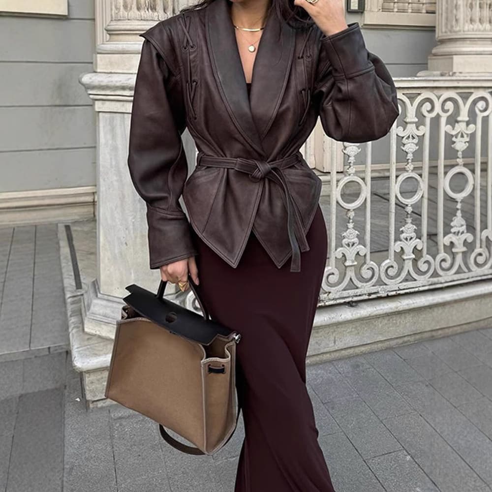 Women's Clothing Faux Leather Biker Jacket With Belt - Slim Fit Short PU Jacket For Streetwear & Casual Outfits