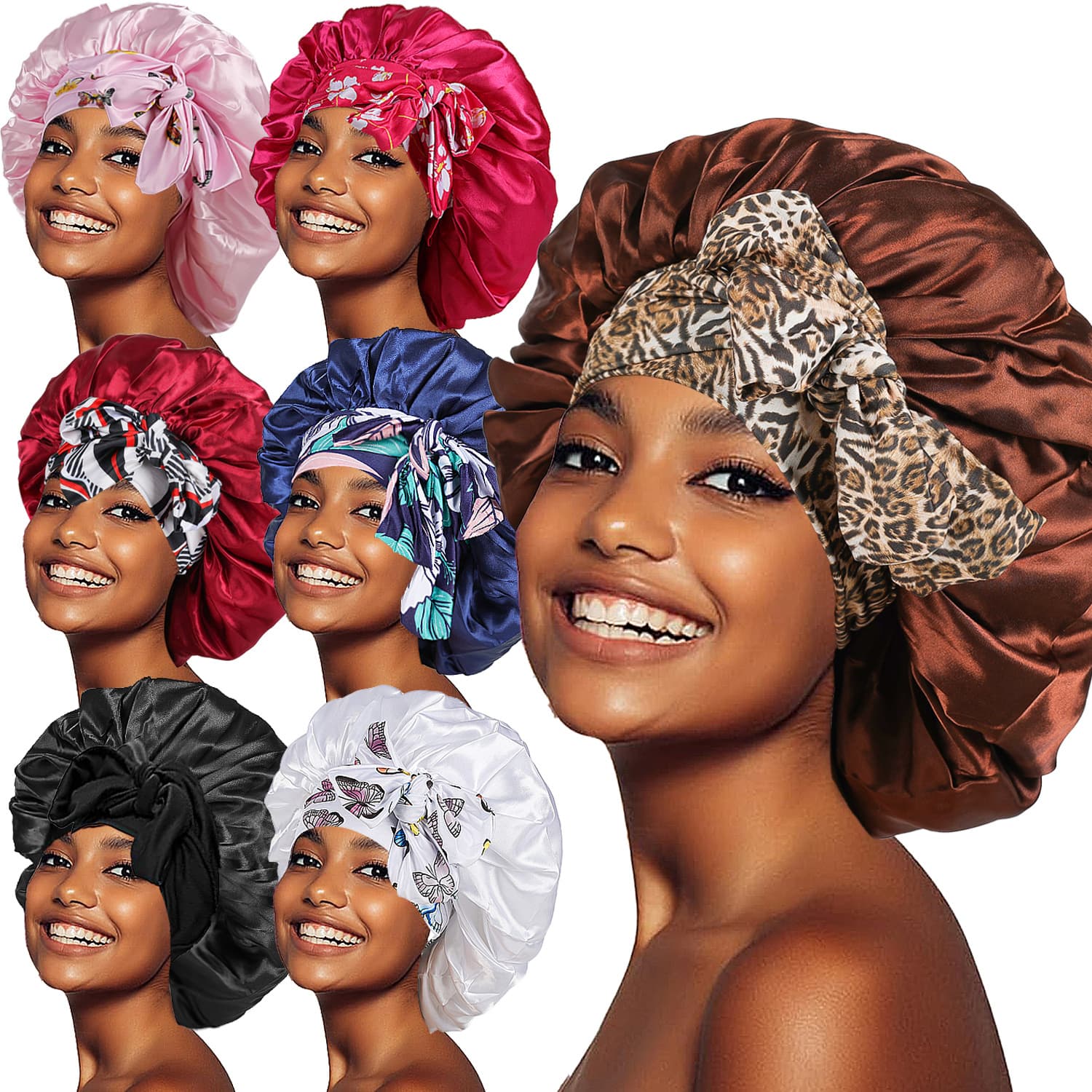 New Cross Border Satin Nightcap Hot Sale Wide Brim Long Tail Ribbon Print Large Round Hat One Piece Drop Shipping