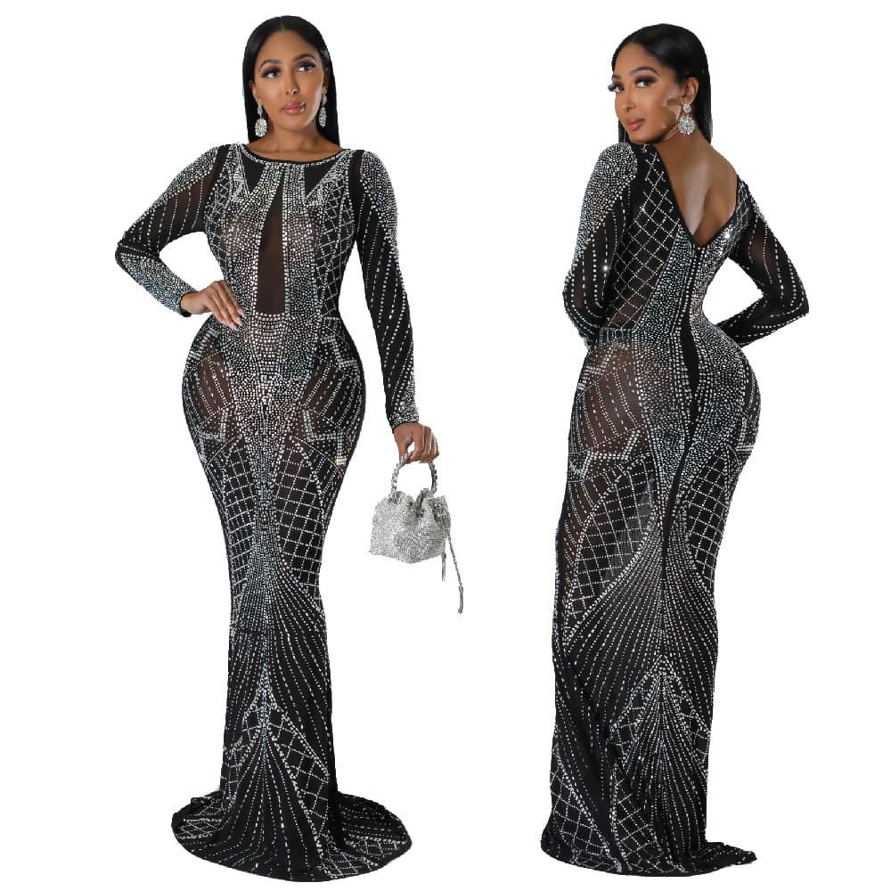 Women's Clothing Long Skirt Hot Diamond Backless Sexy Evening Dress