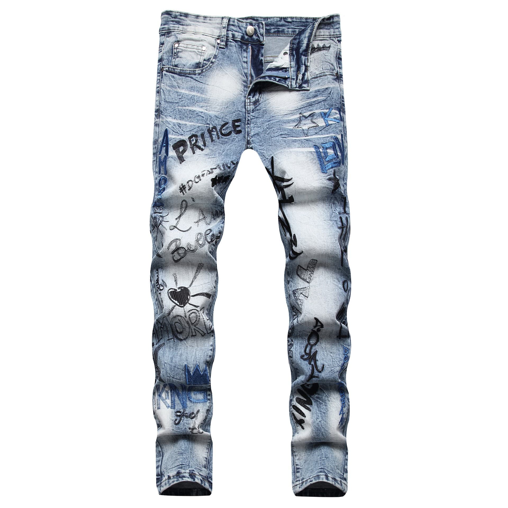 Man's clothing Hip hop street style embroidered front and back heavy embroidery stretch slim straight leg cowboy men's pants