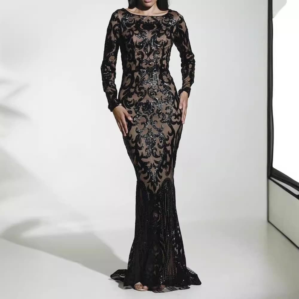 Women's Clothing Real shot of the hot selling long sleeved sequined long dress