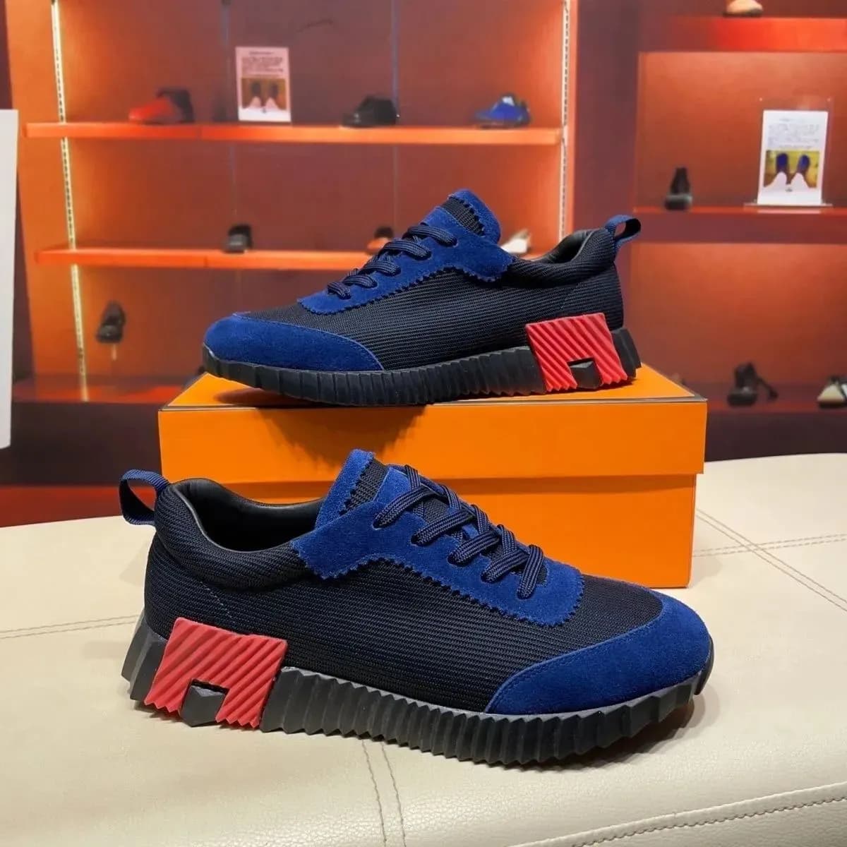 Baskets montantes de marque H pour homme, style décontracté, en cuir et mesh, à lacets, style running.