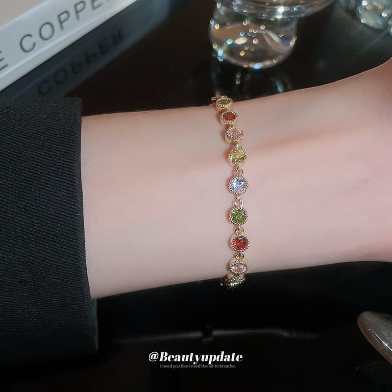 Real Gold Plated Colorful Round Zircon Inlaid Diamond Bracelet Fashion Commuter Wristband Light Luxury High-end Feel