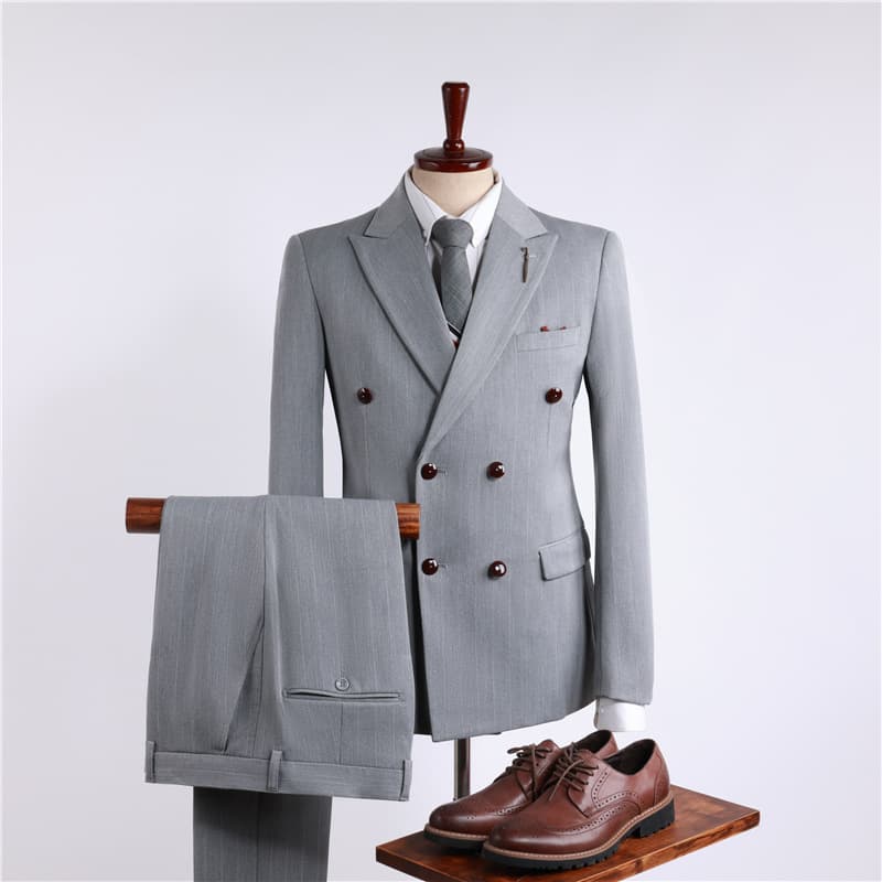 Elegant Gray Striped Double-Breasted Suit Set For Men - 3-Piece Formal Business Attire, Wedding & Performance Outfit (Available In Plus Sizes)"