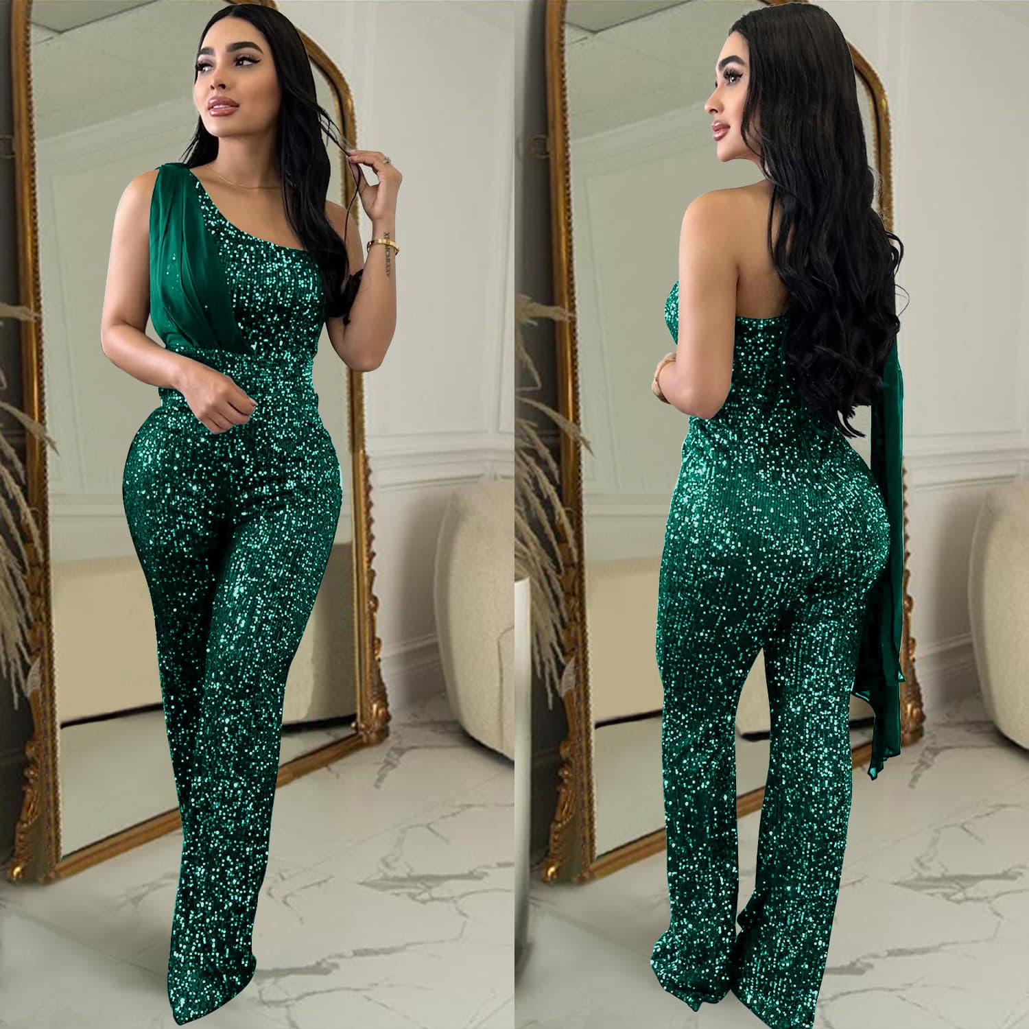 Women's Clothing Women's fashion solid color sleeveless single shoulder sequin pant romper