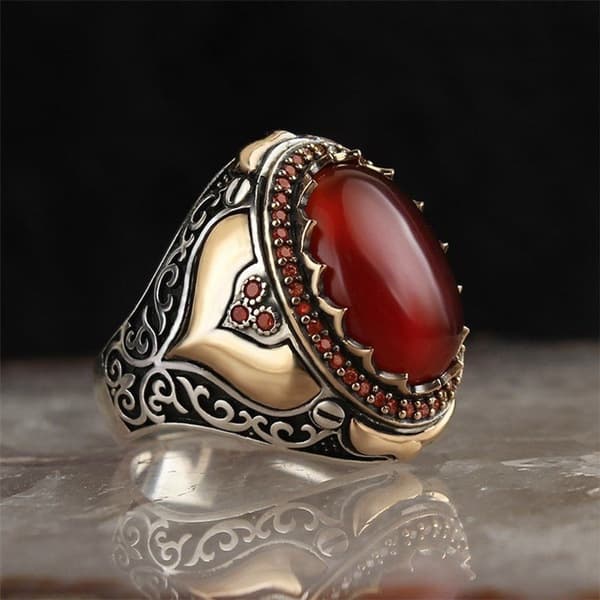 hot selling new retro ring fashion men's carved inlaid red zircon electroplating two color