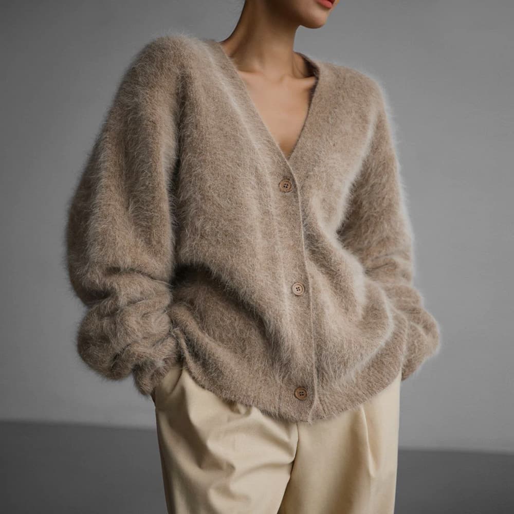 Women's imitation mink knitted sweater cardigan lazy loose long sleeve V-neck sweater coat