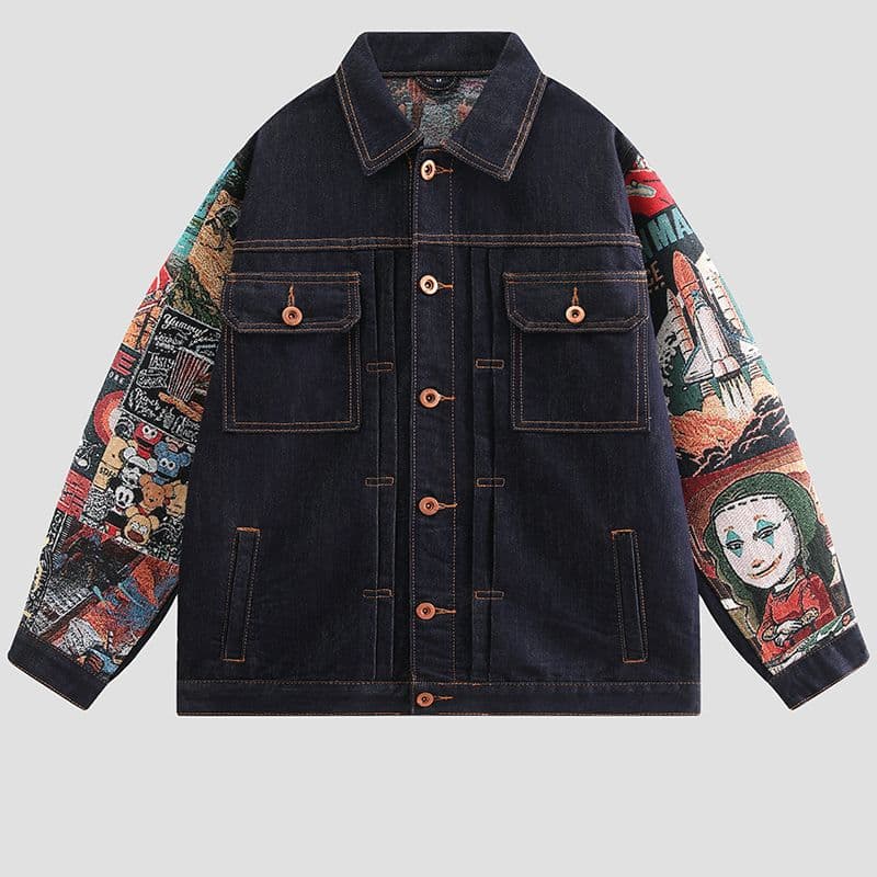 Youth Genuine Leather Patchwork American Casual Denim Men's High Street Trendy Loose Jacket Plus Size Workwear Top