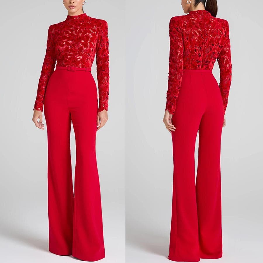 Women's Clothing Autumn And Winter Long Sleeved Belt Jumpsuit Flared Pants Casual Loose Party Jumpsuit
