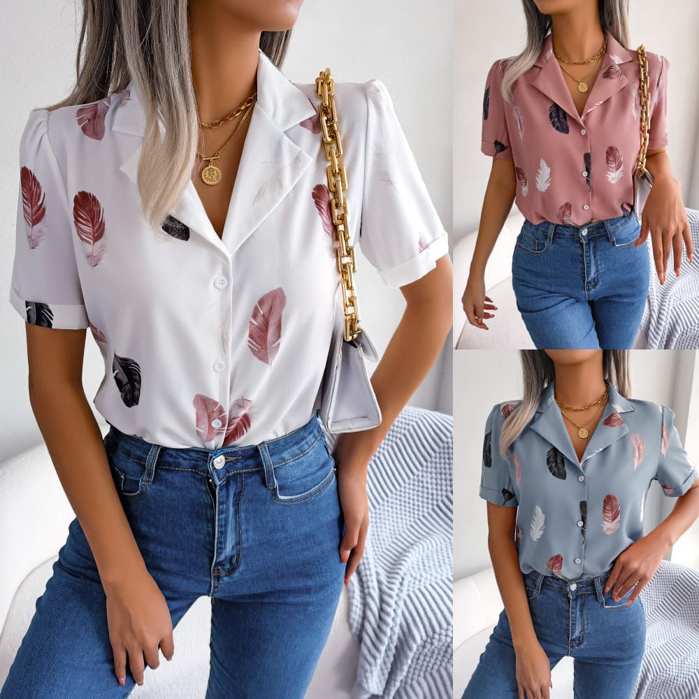 Women's Suit Collar Feather Loose Short Sleeve Shirt Women's Dress
