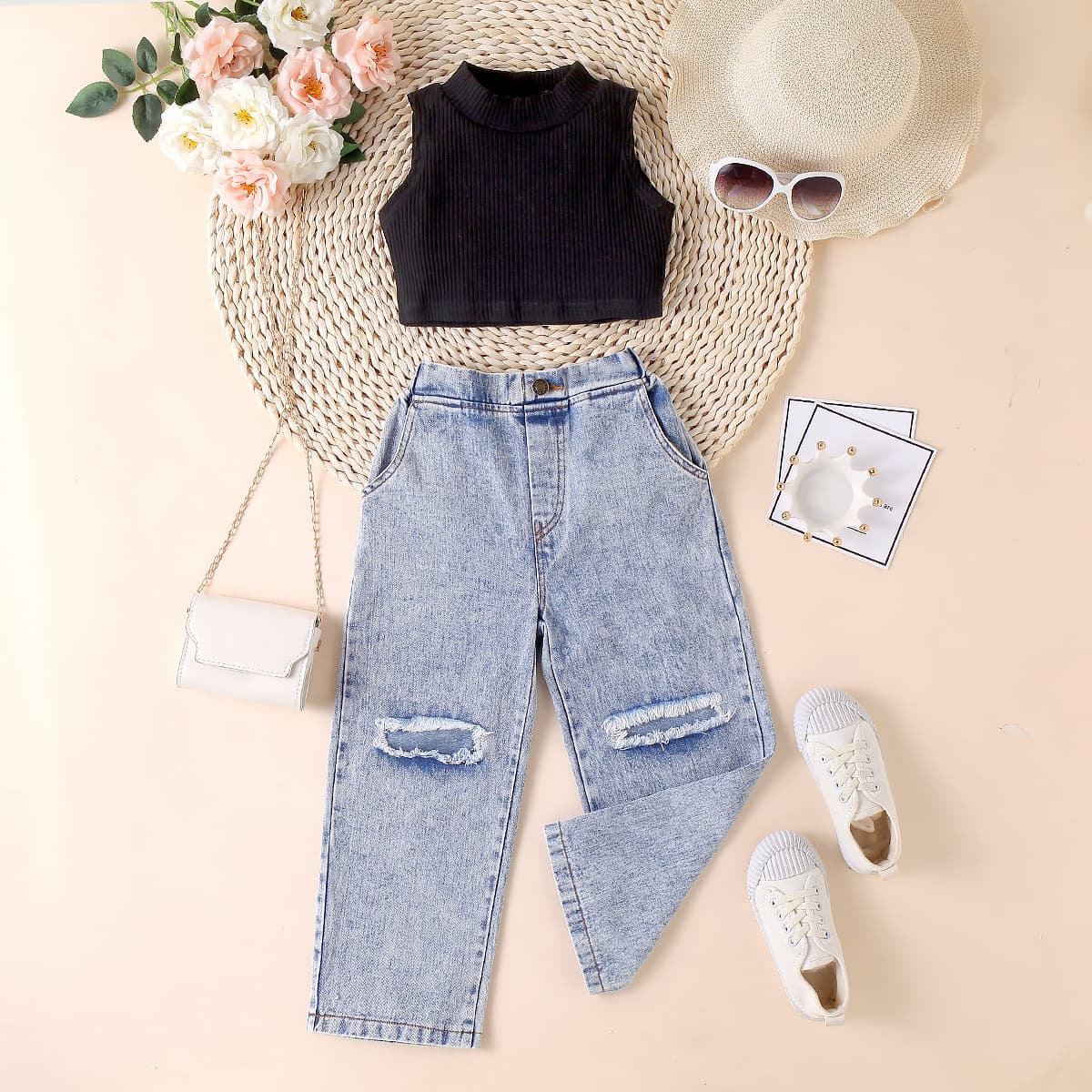 Baby Clothing Children's dress Girls' summer pit strip solid color sleeveless strapless jumper ripped denim trousers two-piece set
