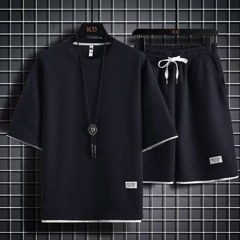 Men's clothing A set of matching waffle summer suits for men, casual sports, loose short-sleeved T-shirts, men's handsome and fashionable clothes