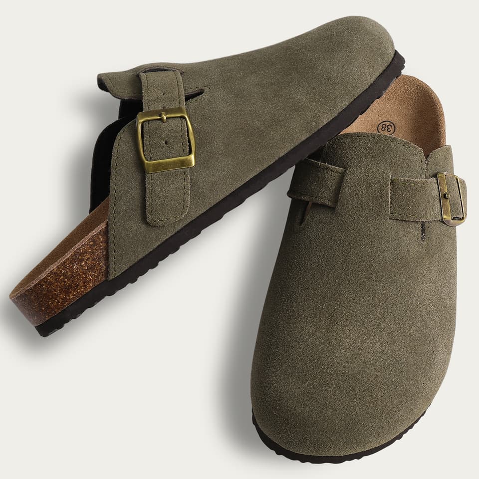 Comwarm Fashion Women's Suede Mules Slippers Men Clogs Cork Insole Sandals With Arch Support Outdoor Beach Slides Home