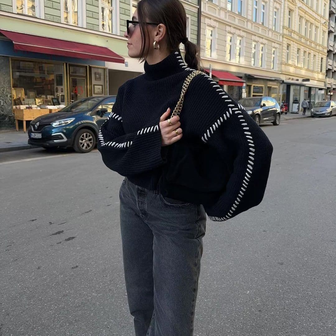 Women's wear round neck sweater warm chic color patchwork line sweater