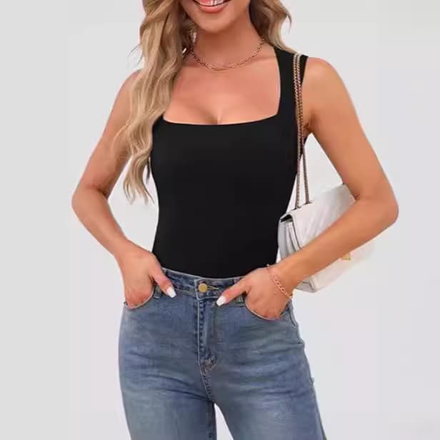 Women's Clothing Camisole Vests Sleeveless Off Shoulder Square Neck Threaded Shoulder Strap Tops