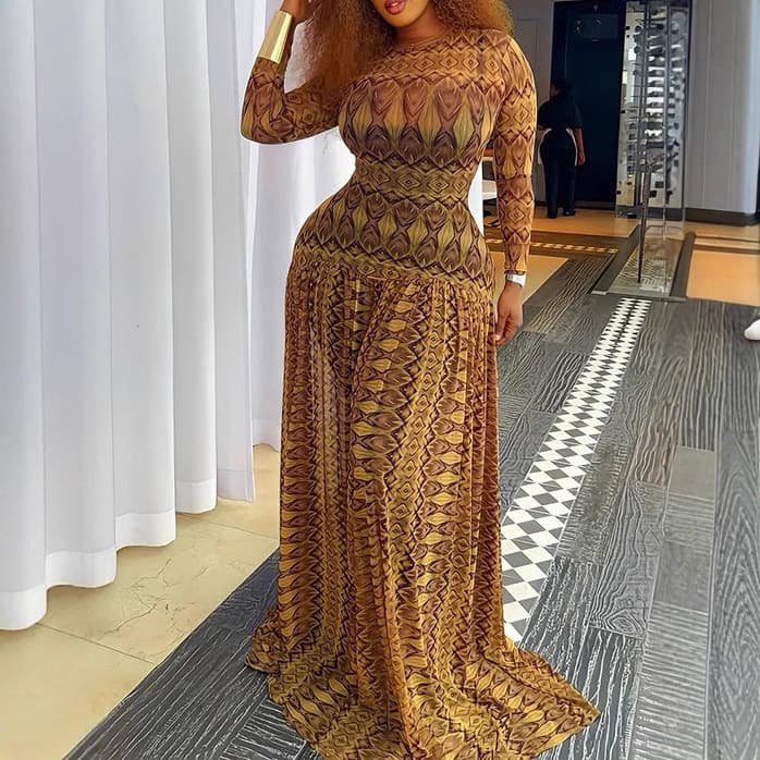 Women's Round Neck Long Sleeve Maxi Dress Brown Geometric Print Slim Fit Fashionable