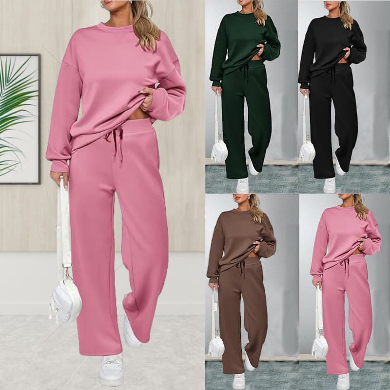 Women's Clothing Elegant Knit Two-Piece Set - Long Sleeve Top & Wide-Leg Lounge Pants With Pockets Hot-selling