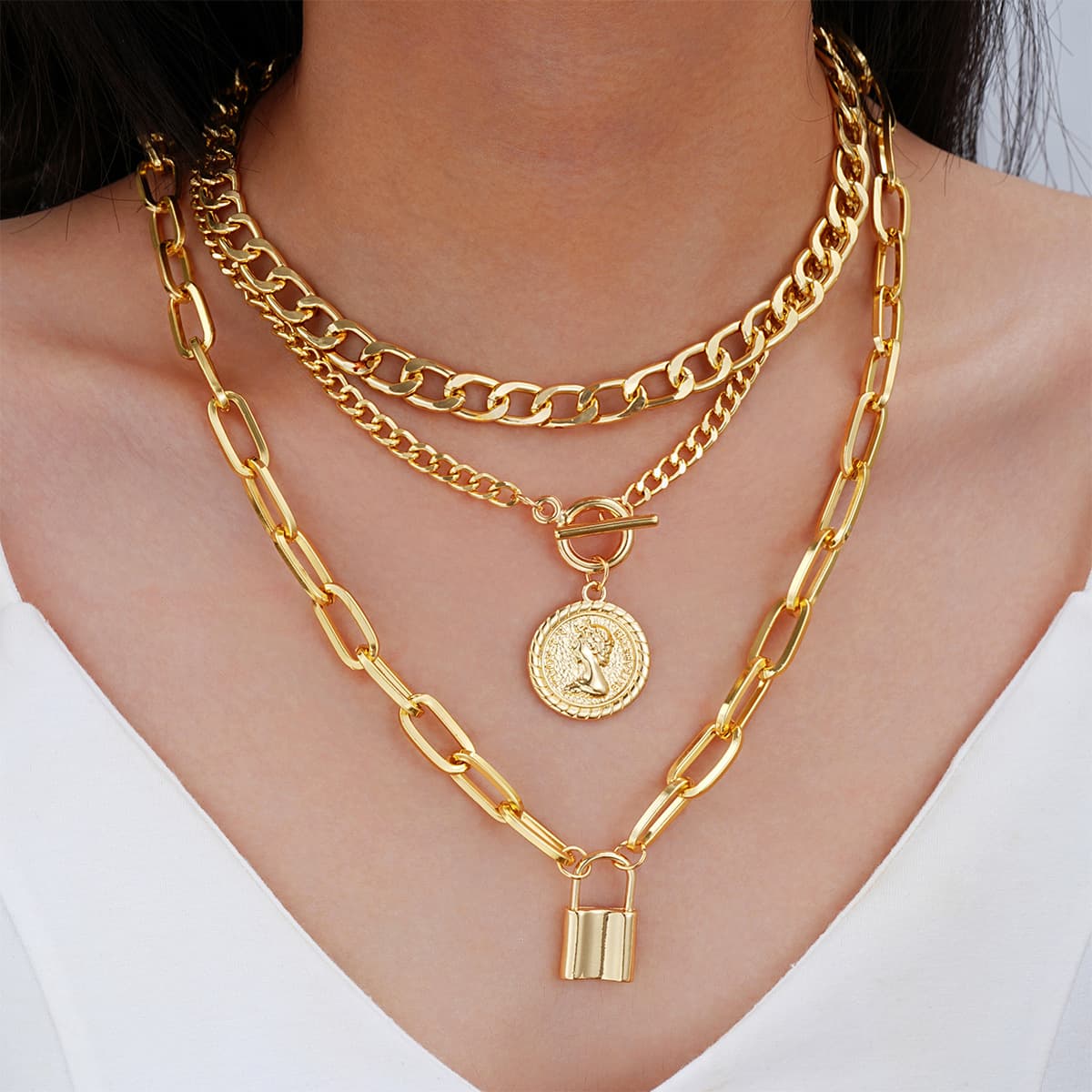 hot selling women's necklace set light luxury temperament relief round pendant OT buckle three layer necklace
