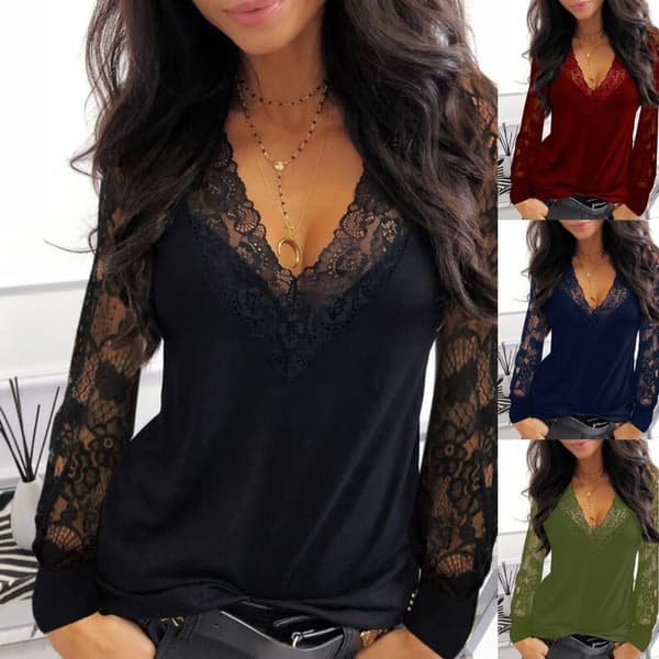 Women's lace lace stitching V-neck long sleeve T-shirt