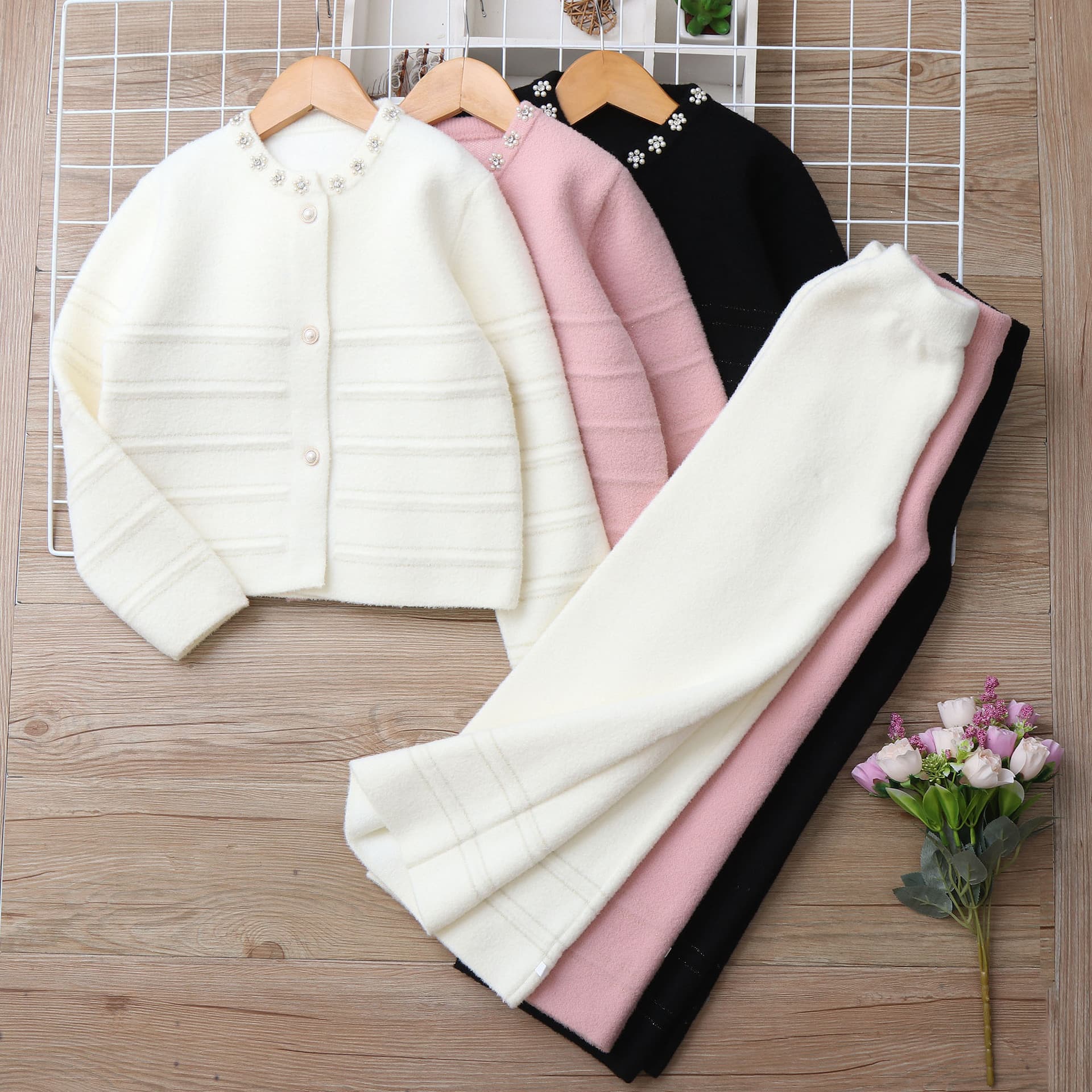 Mother & Kids Knit Sweater And Pants Set - Soft Long Sleeve Two-Piece Outfit For Toddler Little Girls Elegant Letter Print Comfortable Polyester Blend