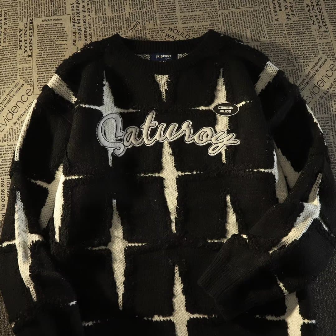 Men's Clothing Retro Star Knit Sweater - Oversized Couple-Style Pullover For Spring & Autumn, Lazy Chic Loose Fit Top