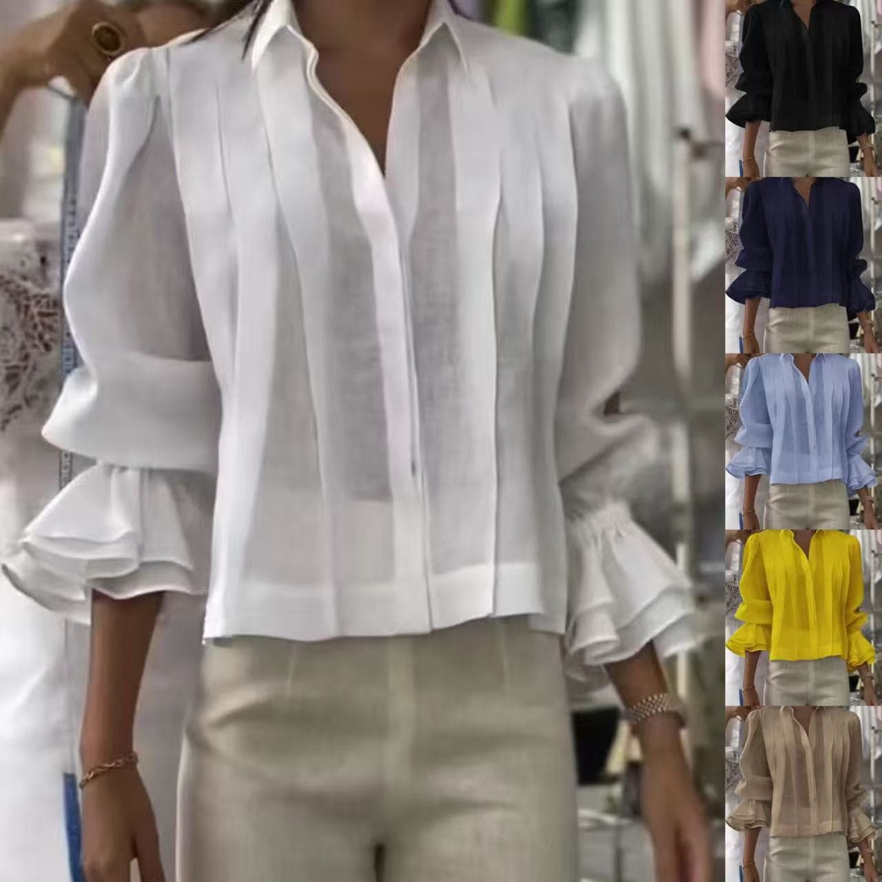​​Women's Pleated Short-Sleeve Shirt – Casual Loose Fit Blouse With Color Block Design (S-XXXL)​​