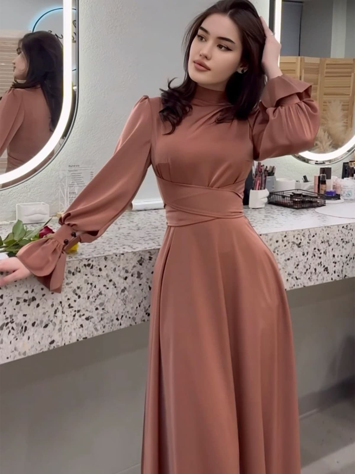 autumn satin long sleeve elegant women's waist-tight dress