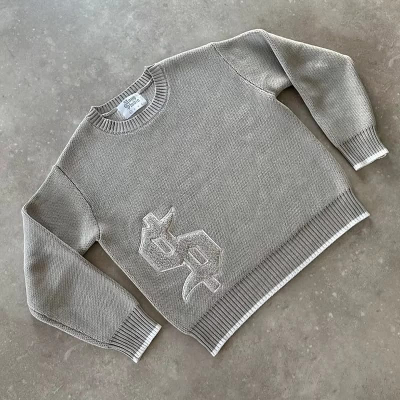 Men's Embroidered Crewneck Sweater High Street Design Jacquard Loose Knitwear Autumn Winter Casual Fashion Top Grey
