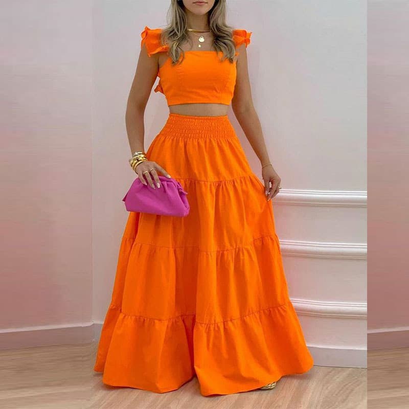 Spring Women's Solid Color Sexy Ruffle Strap Dress Fashion Set For Women