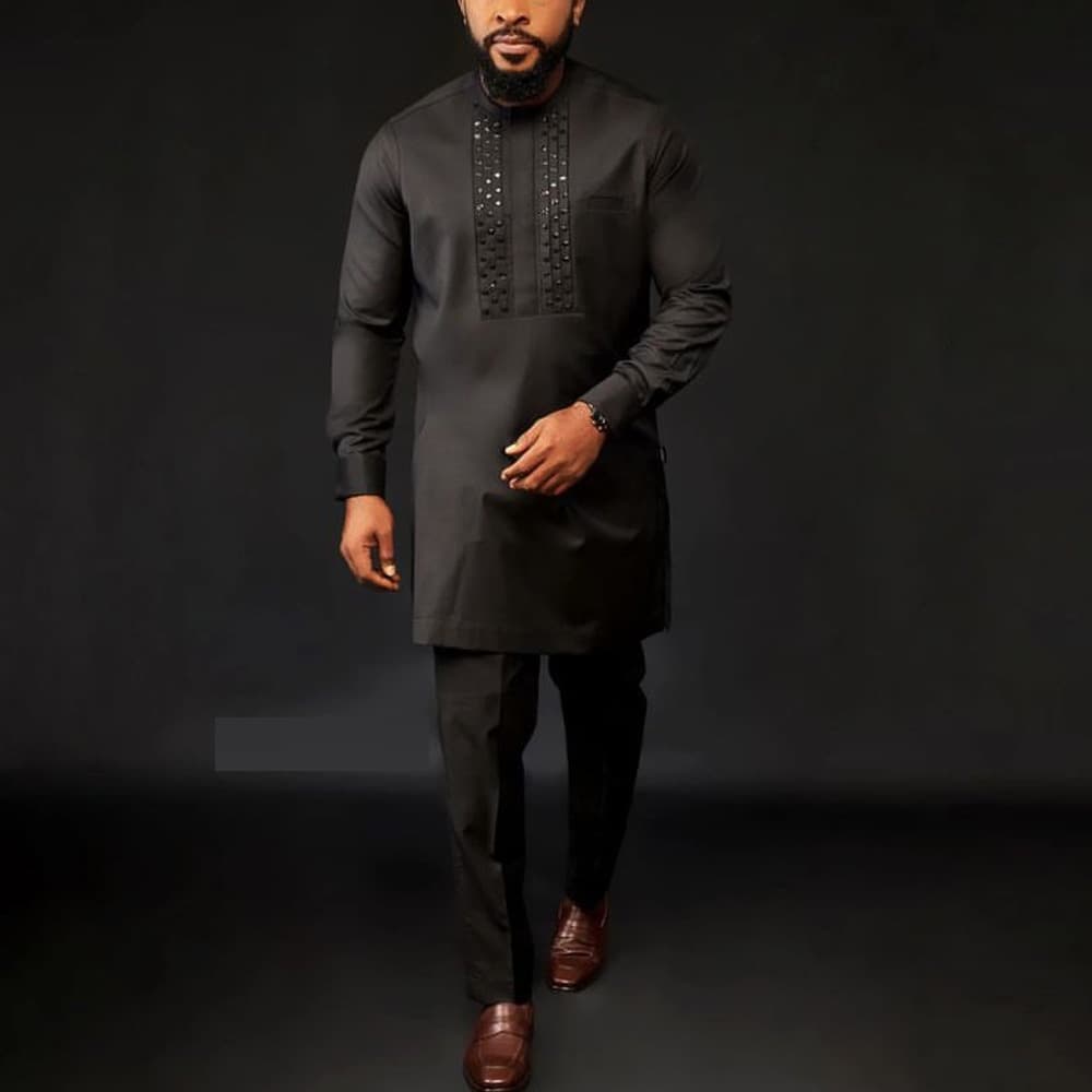 Men' moslem New Ethnic Style Men's Suit Bricks Shirt and Solid Color Pants 2-Piece Set Men's Set (In Stock