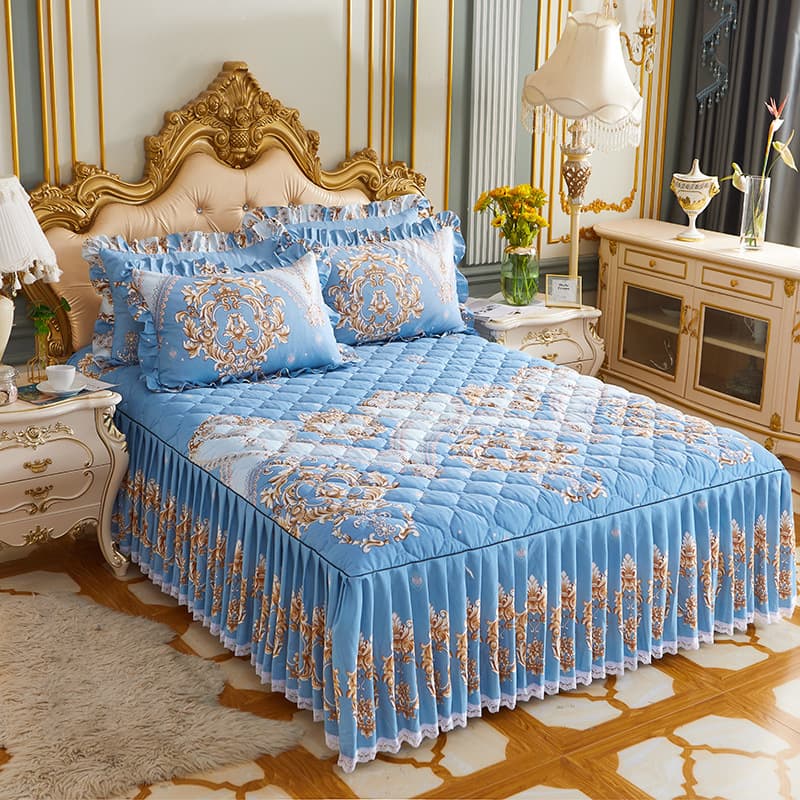 Embroidered Bed Skirt With Floral Lace Trim – Quilted Dustproof Design, Soft Brushed Polyester, Multiple Patterns & Sizes