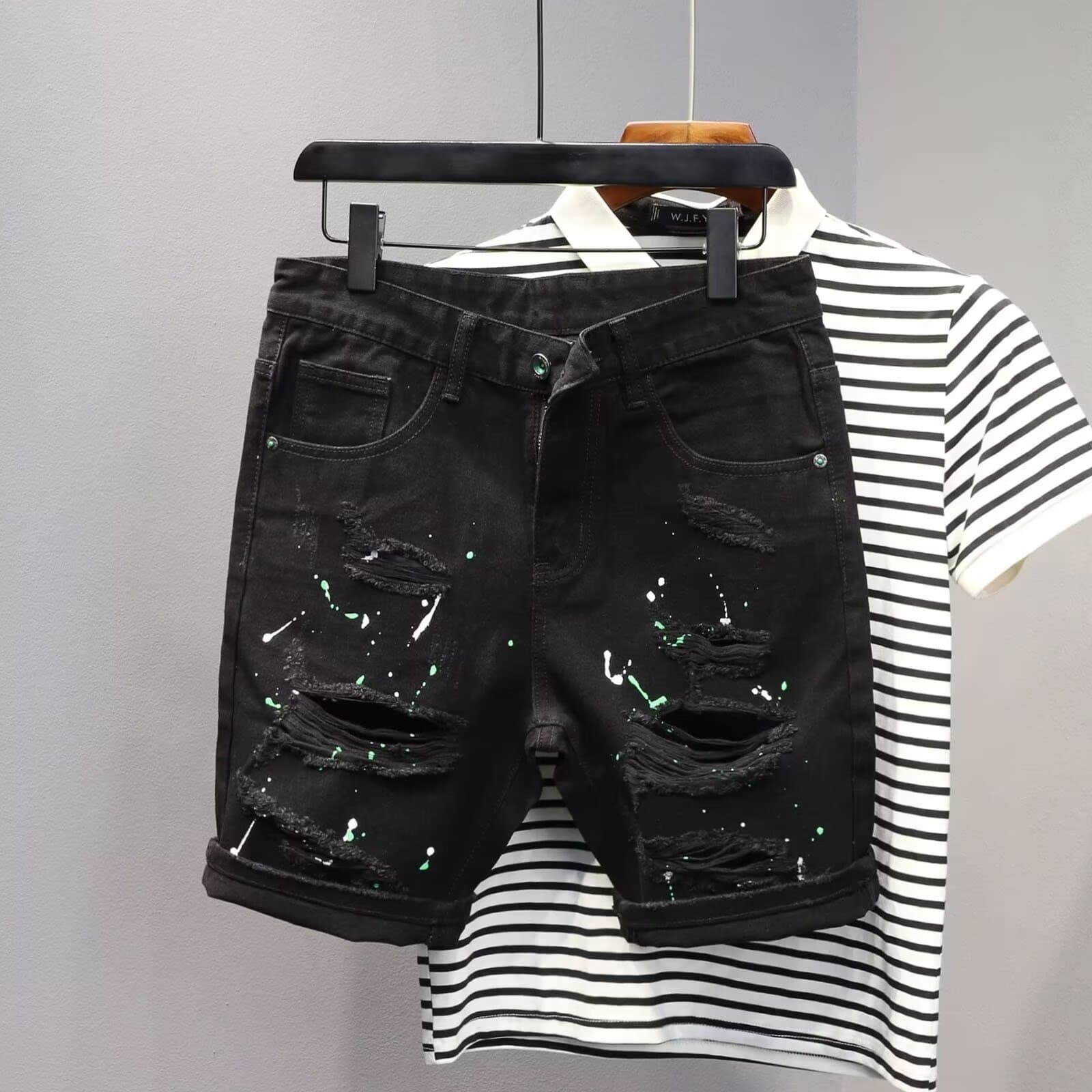 Men's Clothing Men's Summer Casual Retro Distressed Paint Splatter Cargo Shorts Loose Fit Trendy High Street Five Point Denim Pants
