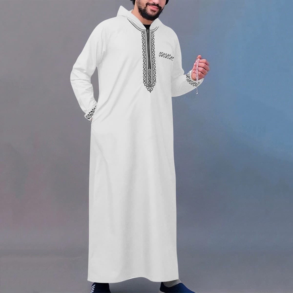 Elegant Embroidered Muslim Thobe For Men – Premium Polyester, Zippered Design, Comfort Fit (White, Gray, Black, Royal Blue)​