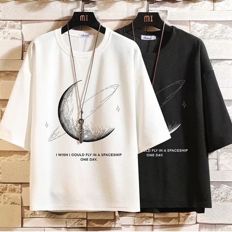 Men's clothing summer three-quarter sleeve T-shirt men's moon print trend loose versatile ice silk short sleeves five-quarter sleeves men