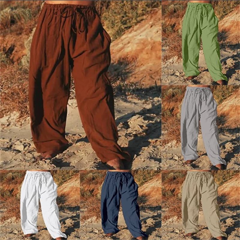 Men's Clothing Cotton And Linen Loose Casual Solid Color Drawstring Outdoor Daily Straight Trousers