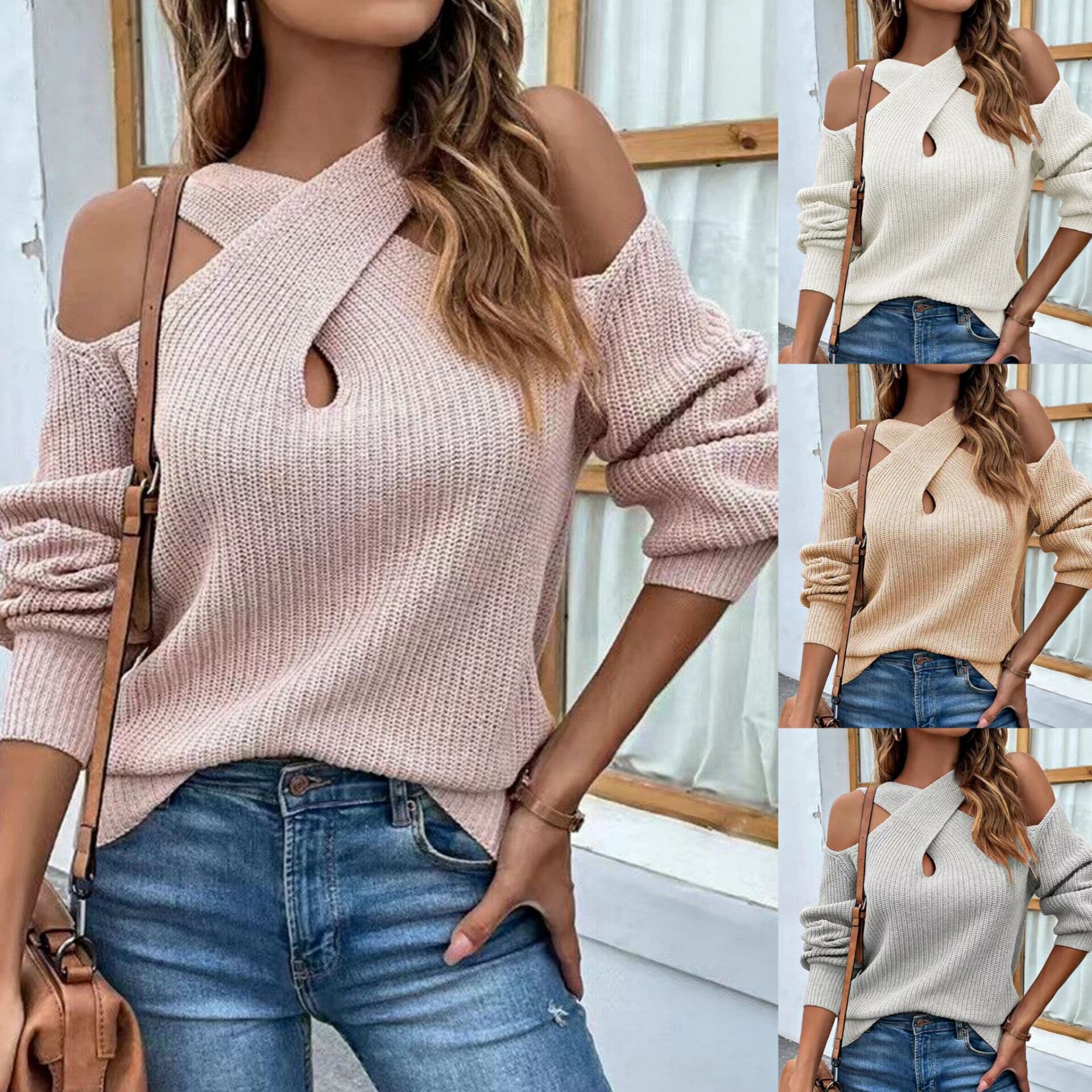 Women's clothing solid color off-shoulder cross halter neck lantern sleeve sweater for women