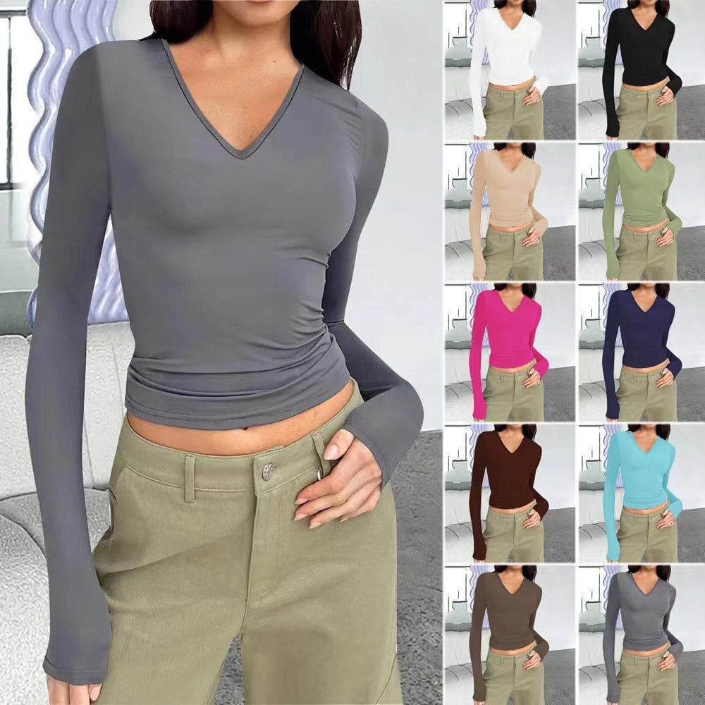 Women's V-neck Long Sleeve Basic Slim-fit T-shirt Top