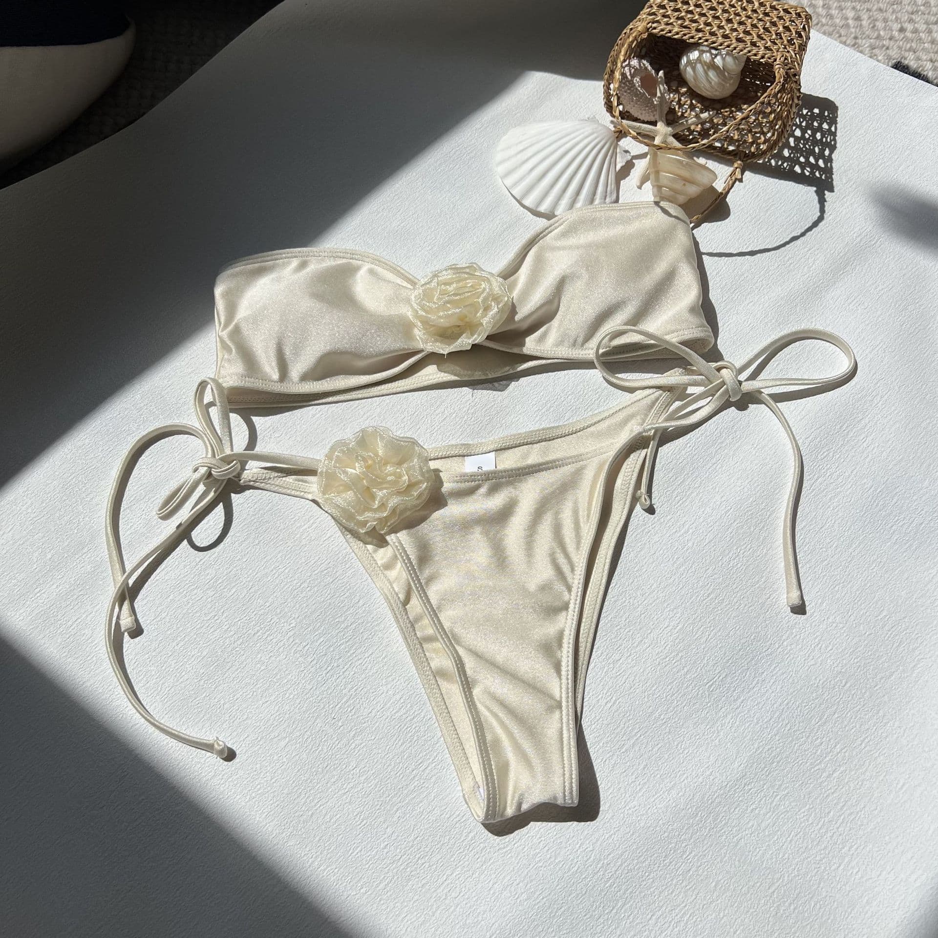 Women's Clothing Solid Color Shiny Small Flower Tube Top Split Swimsuit Swimsuit Bikini